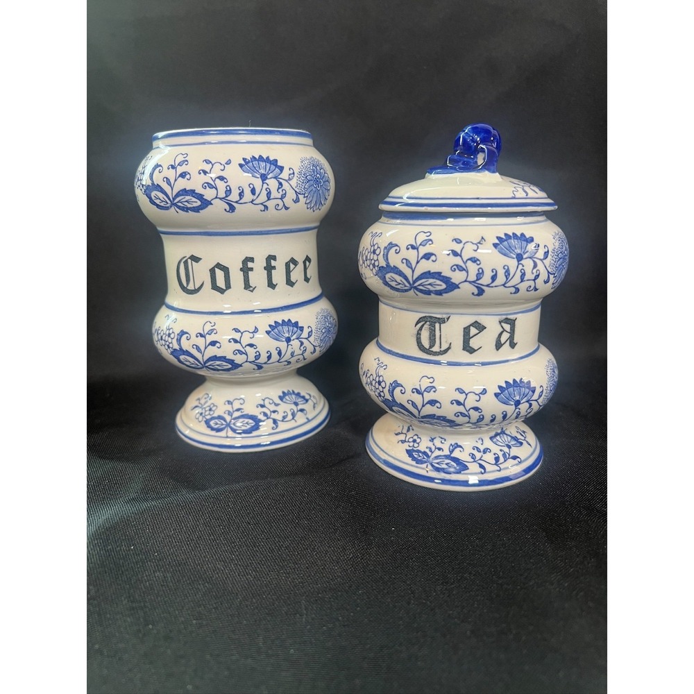 Vintage Blue Onion‎ Style Tea & Coffee Canisters Ceramic Jars Arnart Japan READ